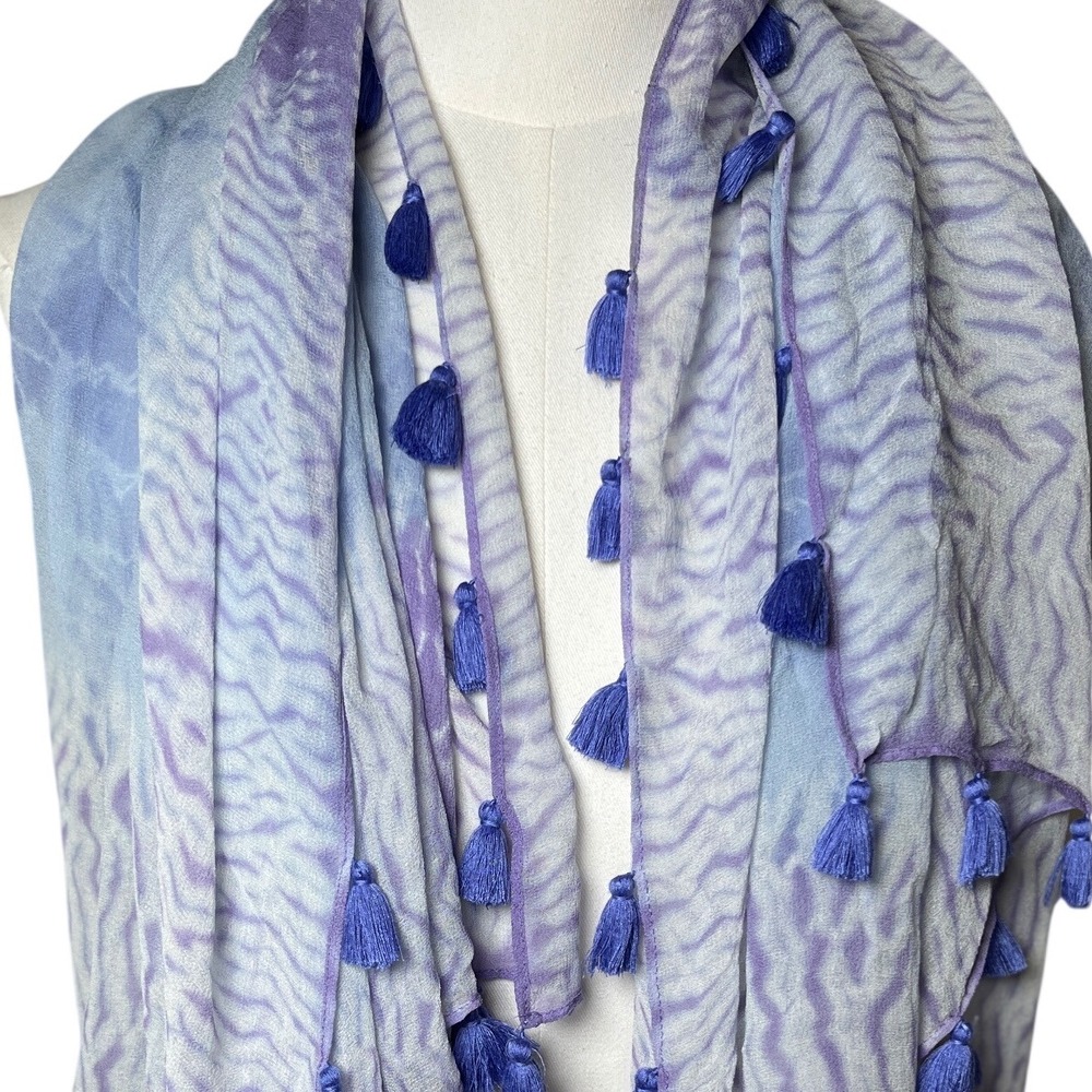 Boho Shibori Tie Dye Tassel Scarf Blue Lavender Lightweight‎ Wrap OS - Picture 4 of 9